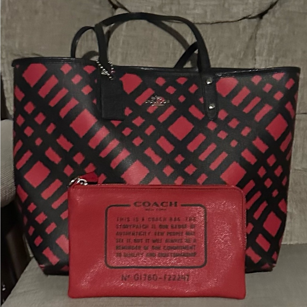 Coach Red and Black Plaid Tote Bag Set